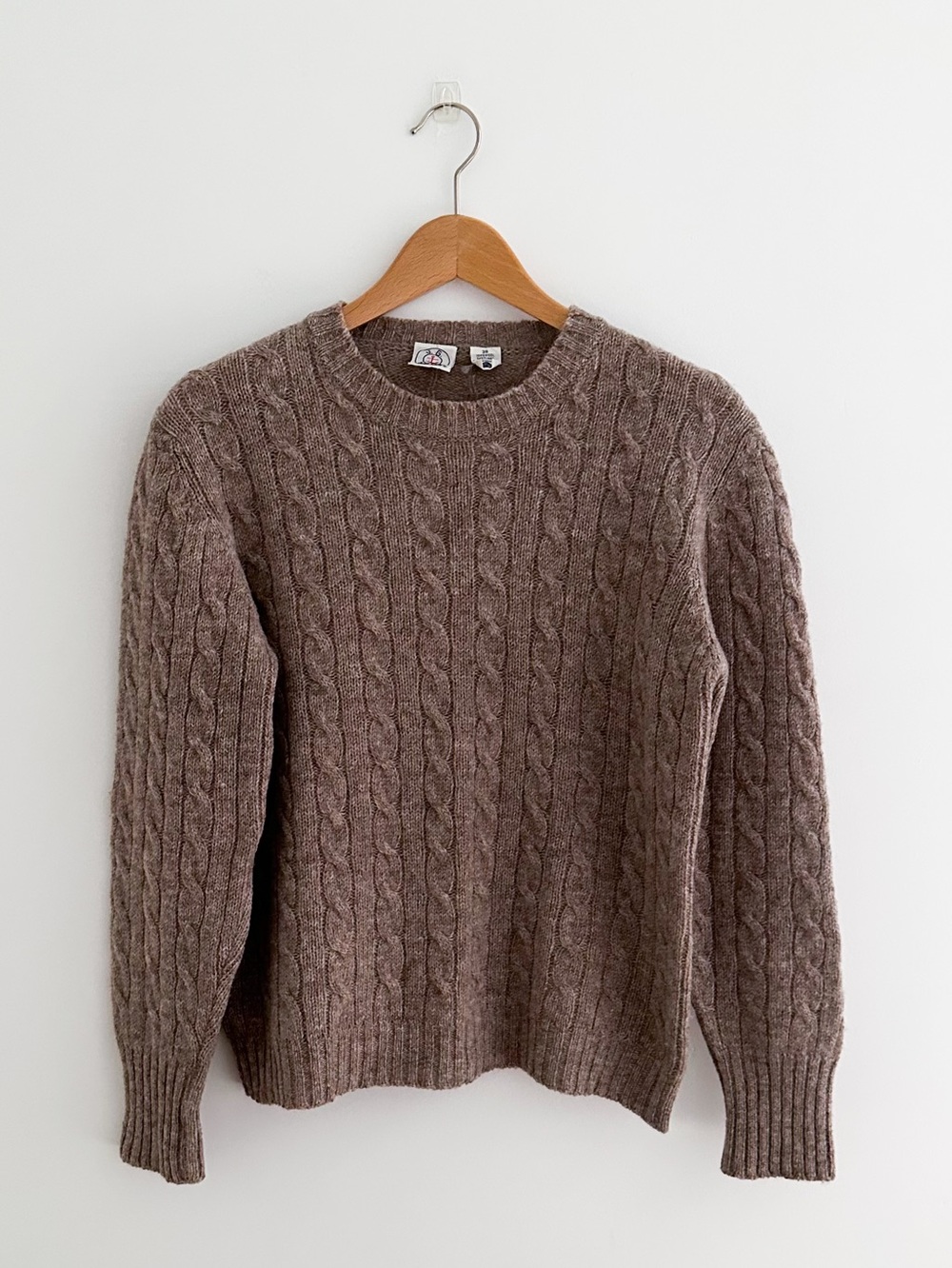 90s Vintage Shetland Wool Fisherman Sweater Cable Knit Brown Preppy Size Medium